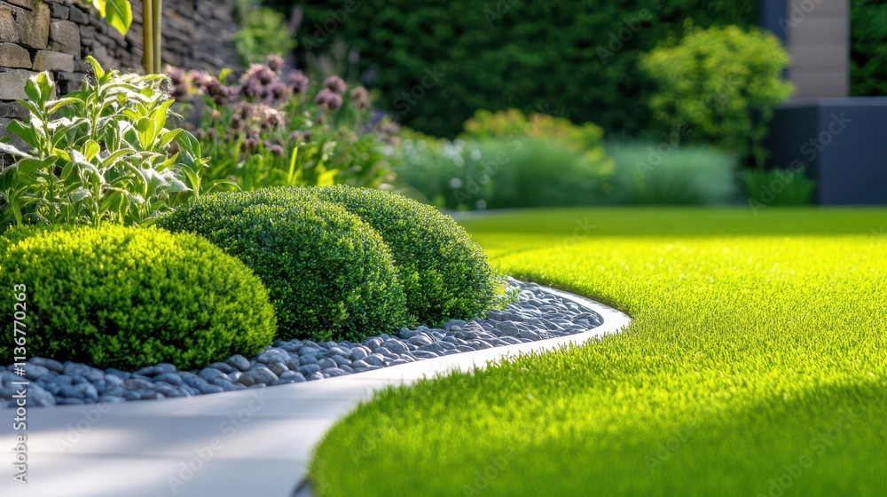 Obraz premium Lush Green Garden Landscape Design Modern Lawn Plants Stones
