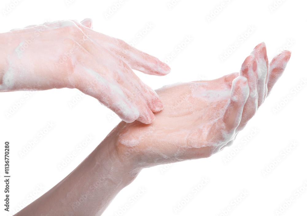 Woman washing hands with cleansing foam on white background, closeup Woman washing hands with cleansing foam on white background, closeup