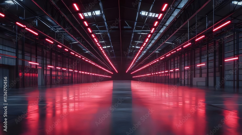 Empty warehouse illuminated with red neon lights. Empty warehouse illuminated with red neon lights.