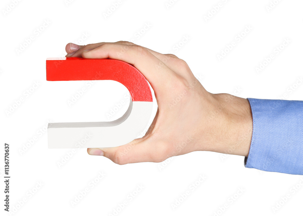 Man with horseshoe magnet on white background, closeup Man with horseshoe magnet on white background, closeup