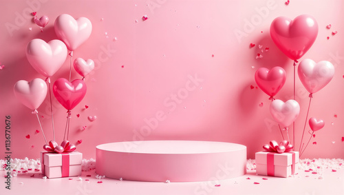 Happy Valentine Day background with cylindrical podium for promotion. Round stage for presentation sale product. Stage pedestal or platform in snow between pink hearts, pink gift boxes