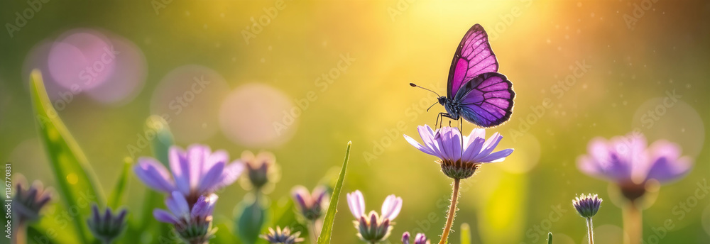 A butterfly rests on a vibrant flower, sparkling in the warm sunlight of a tranquil garden full of beauty. Hello spring.