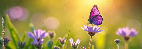 Obraz na płótnie A butterfly rests on a vibrant flower, sparkling in the warm sunlight of a tranquil garden full of beauty. Hello spring. w salonie
