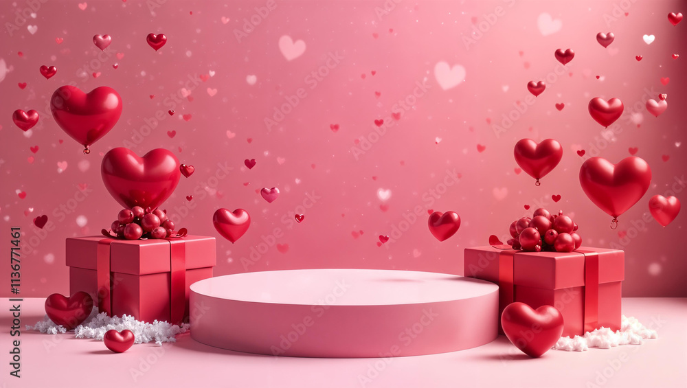 Happy Valentine Day background with cylindrical podium for promotion. Round stage for presentation sale product. Stage pedestal or platform in snow between pink hearts, pink gift boxes