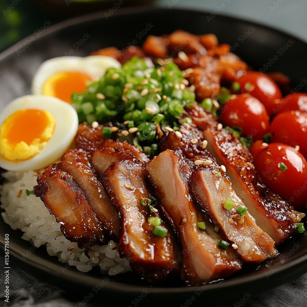 Roasted pork with rice, eggs, and Japanese vegetables. Roasted pork with rice, eggs, and Japanese vegetables.