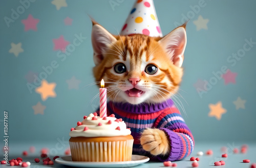 An adorable kitten in a party hat joyfully celebrates a birthday with a cupcake and a glowing candle