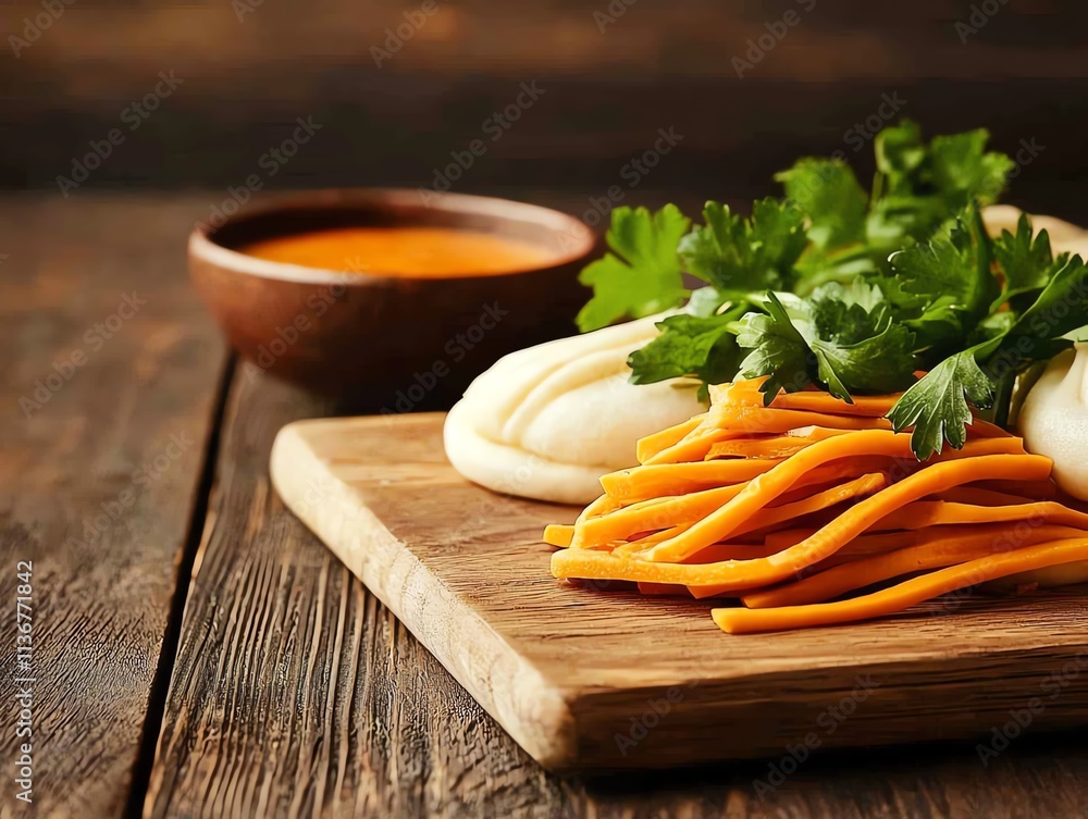 Detailed shot of vegan bao buns with vibrant fillings and dipping sauces Detailed shot of vegan bao buns with vibrant fillings and dipping sauces