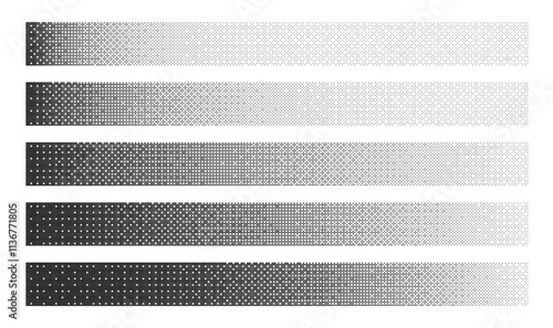 Black Noise Bitmap Dither Linear Gradients with Various Density Isolated on White Background. Retro Style 8 Bit Pixel Art Banners Set Clipart Bundle. Vintage Technology 8Bit Design Element Collection