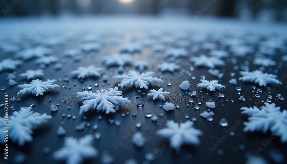Macro texture of delicate and intricate snowflakes spread across a surface, capturing their frozen crystalline patterns and fragile beauty. Macro texture of delicate and intricate snowflakes spread across a surface, capturing their frozen crystalline patterns and fragile beauty.