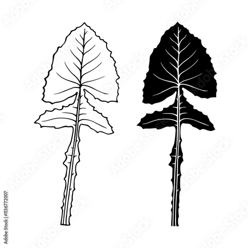 Linear sketch, stamp, silhouette of leaves. Simple botanical elements. Vector graphics.