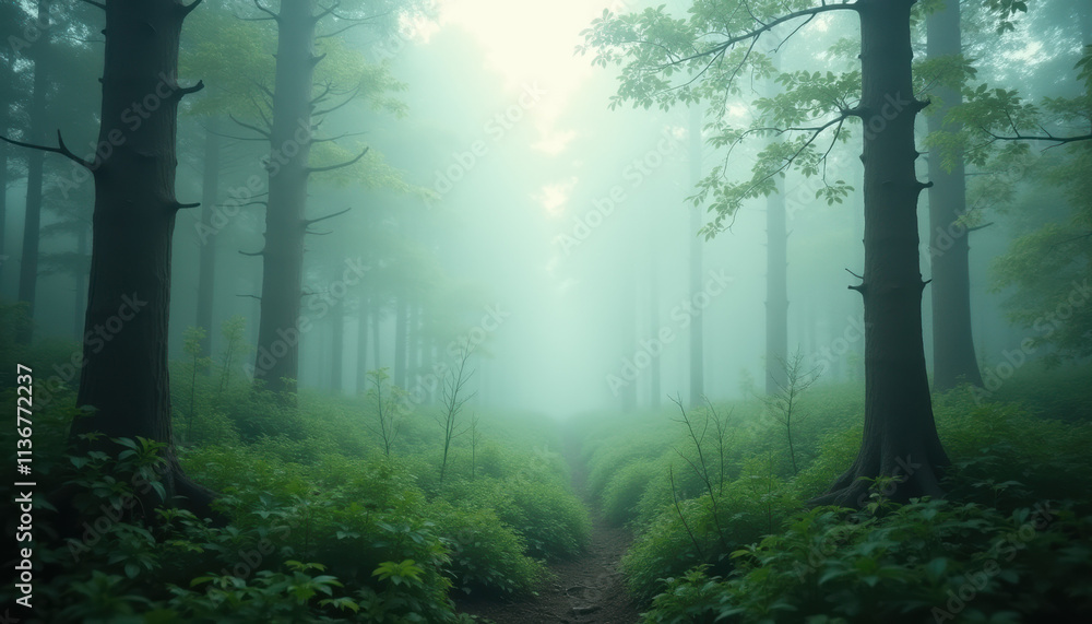 Fototapeta premium A mysterious and enchanting forest scene with dense fog and a path leading into the unknown
