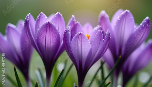 A close-up of several purple crocus flowers blooming in the morning sun, with soft golden light and a delicate, vibrant texture. Perfect for spring backgrounds, greeting cards, and floral designs.