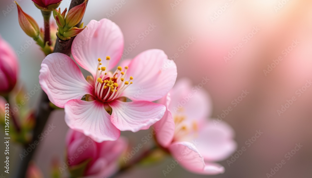 Fototapeta premium Close-up of delicate pink blossom flowers on a branch, with a soft, pastel background, perfect for spring and nature themed designs.