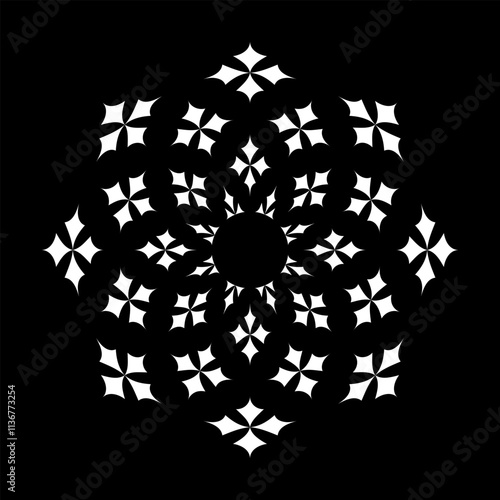 Abstract Radial Decorative White Pattern on Black Background. 