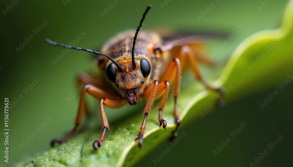Close up portrait of a orange and black insect with large eyes, long antennae and mandibles Close up portrait of a orange and black insect with large eyes, long antennae and mandibles