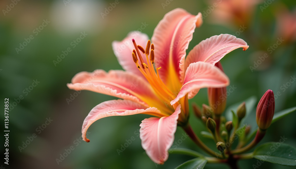 Close-up of a delicate pink lily flower blooming in a garden. Close-up of a delicate pink lily flower blooming in a garden.