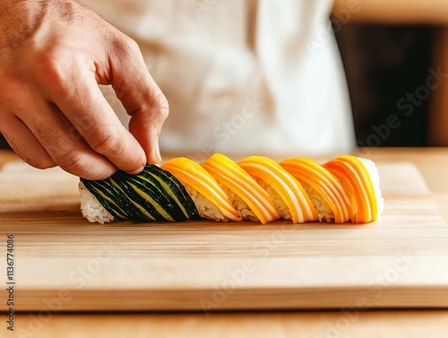 Hands preparing colorful plantbased sushi rolls on a wooden board photo