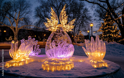 Ice sculptures glowing under festive lights, creating a dazzling winter display with clear space in the sky for text or messaging.

 photo