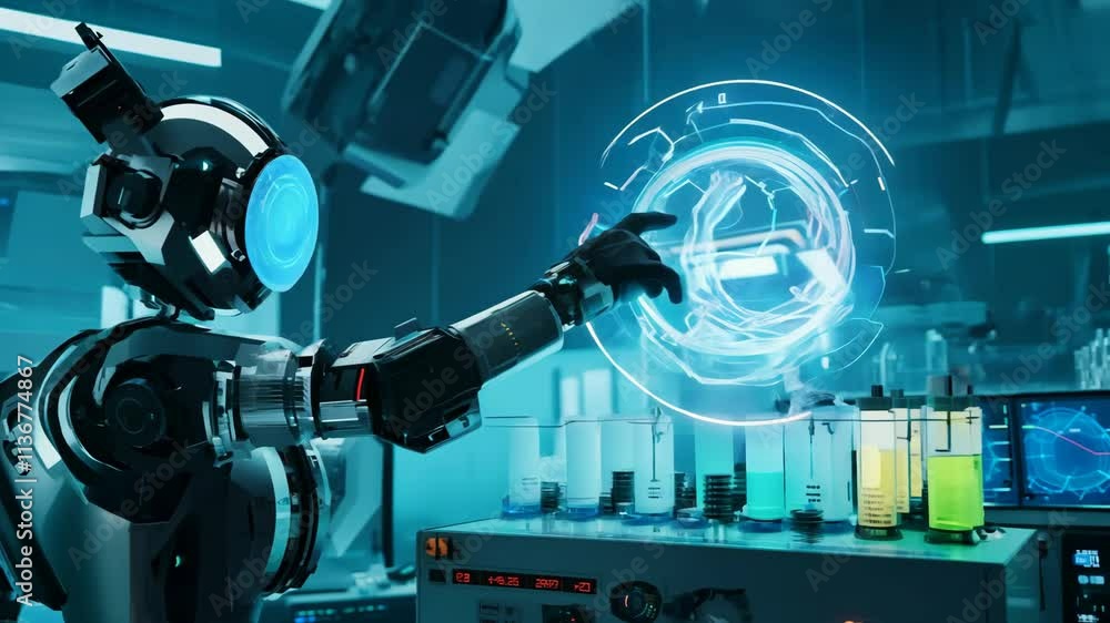 Futuristic Robot in Laboratory Interacting With Holographic Interface and Analyzing Data Futuristic Robot in Laboratory Interacting With Holographic Interface and Analyzing Data