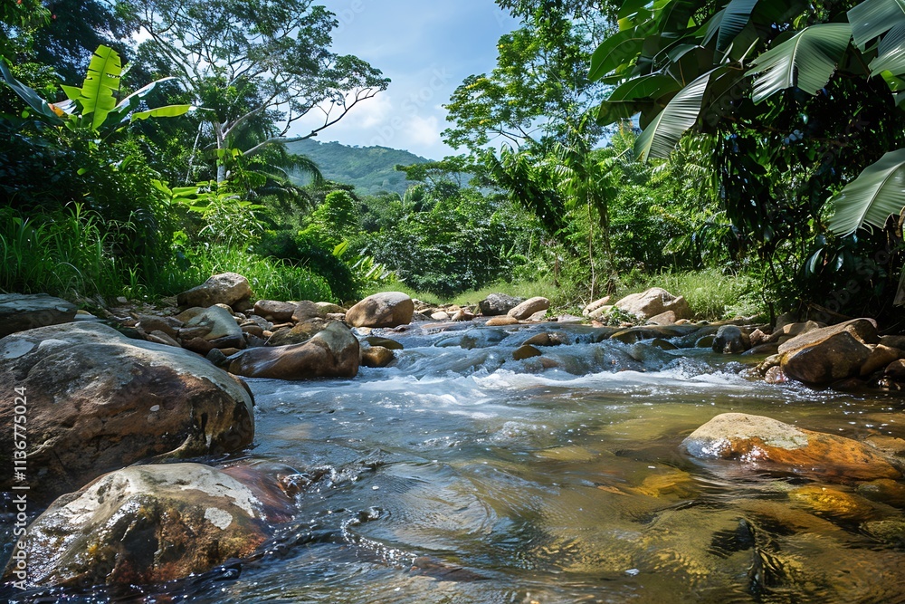 A crystal-clear mountain stream flowing over rocks and boulders, surrounded by lush vegetation and tall trees A crystal-clear mountain stream flowing over rocks and boulders, surrounded by lush vegetation and tall trees