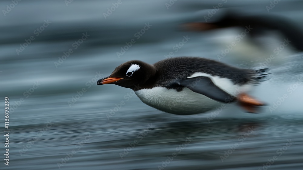 Fototapeta premium A sleek Gentoo penguin glides swiftly through the icy waters, showcasing its agile movements and striking colors.