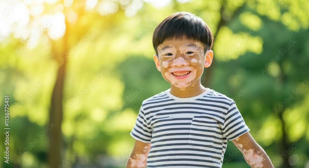 Joyful asian child with vitiligo in sunlit park wearing striped shirt Joyful asian child with vitiligo in sunlit park wearing striped shirt