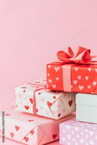 stack of presents wrapped in red heart print paper, copy space, pastel pink background, Valentines