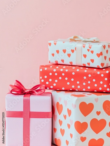 stack of presents wrapped in red heart print paper, copy space, pastel pink background, Valentines