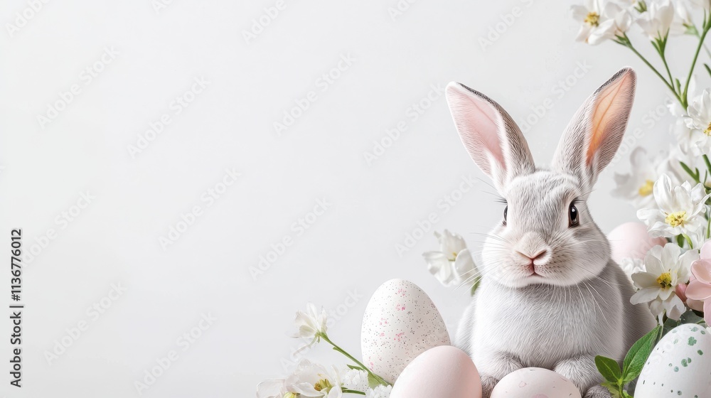 Obraz premium Adorable Easter Bunny with Eggs Spring Flowers
