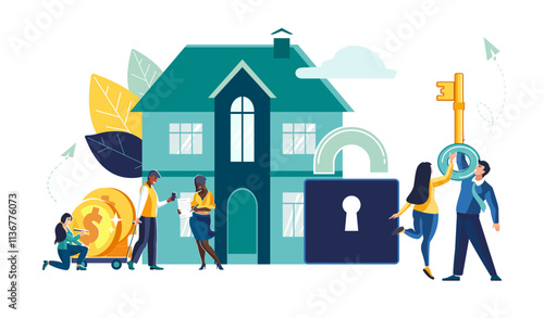 Vector illustration. Real estate and turnkey, buying a house by a family, security. People, business concept with houses in the village, real estate market growth.Exchange of living space presentation