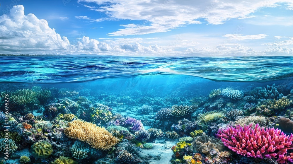 Vibrant coral reef teeming with life under a stunning ocean surface. A picturesque scene of underwater beauty and serenity. Vibrant coral reef teeming with life under a stunning ocean surface. A picturesque scene of underwater beauty and serenity.