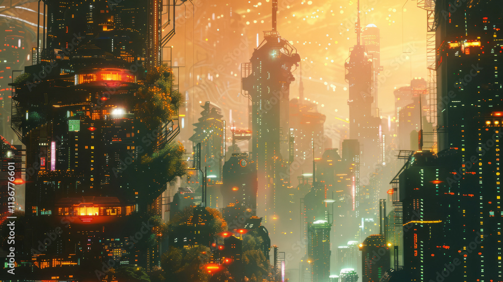 Fototapeta premium Futuristic cyberpunk cityscape showing glowing skyscrapers and lush vegetation at sunset