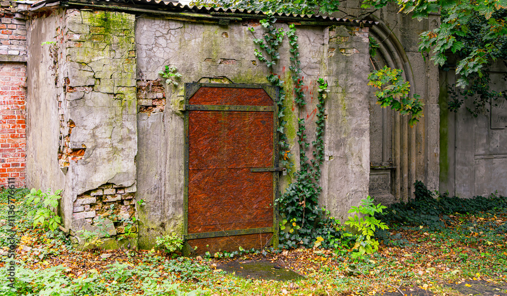 provisorische Holztür an einem verfallenem Gebäude auf einem Friedhof, Berlin, Deutschland