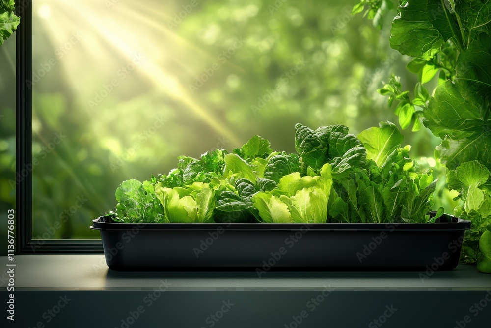 Fresh Green Lettuce Growing in Window Box Indoor Gardening Homegrown Vegetables Fresh Green Lettuce Growing in Window Box Indoor Gardening Homegrown Vegetables