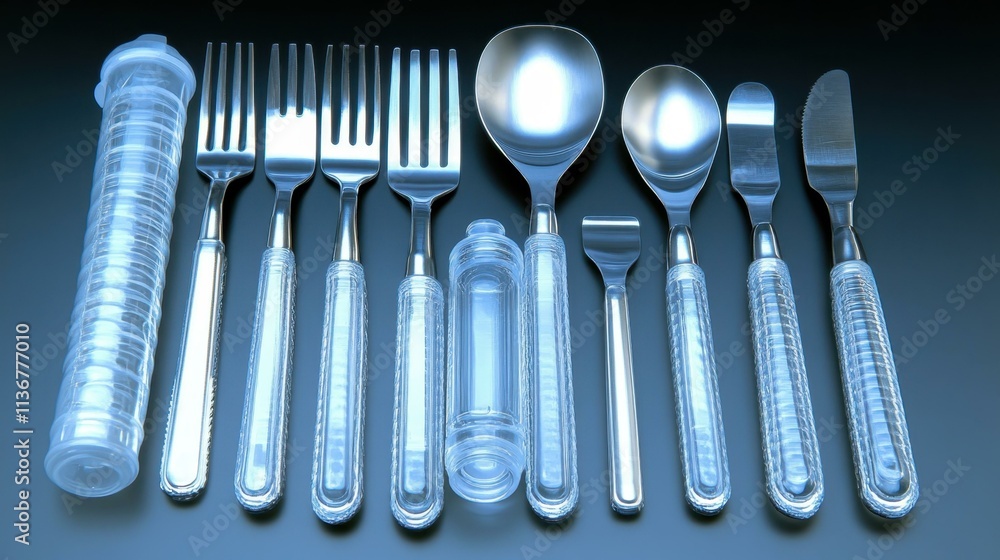 Camping Gear Camping utensil set - Compact set of utensils for eating and cooking while camping Isolated solo on plain background Camping Gear Camping utensil set - Compact set of utensils for eating and cooking while camping Isolated solo on plain background
