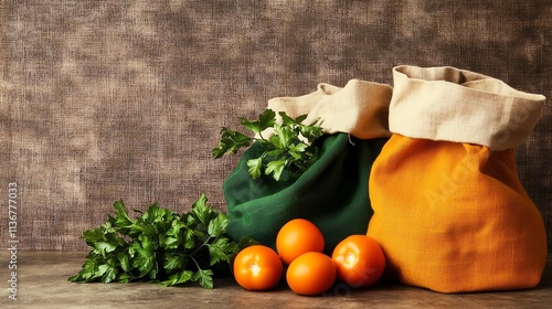 Rustic market scene with an abundance of fresh produce and ecofriendly bags photo