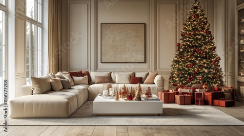 a realistic picture of a living room with baige large sofa and white coffee table and a big christmas tree. decorated for cristmas in colors of red and gold  photo