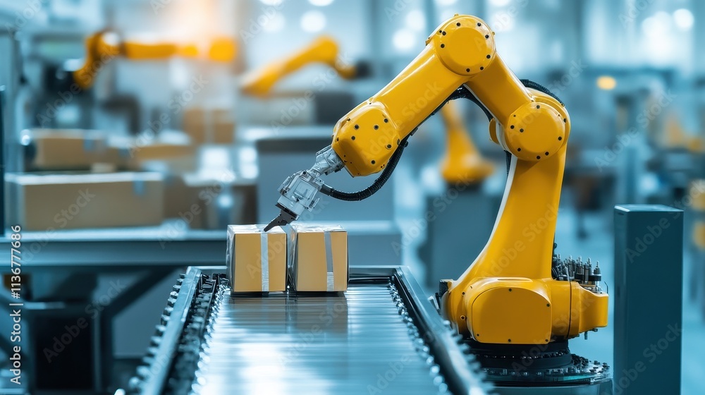 Robotic Arm Stacking Boxes on Conveyor Belt in Modern Factory Robotic Arm Stacking Boxes on Conveyor Belt in Modern Factory