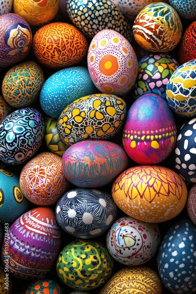 A Collection of Brightly Colored Easter Eggs With Intricate Designs, close-up A Collection of Brightly Colored Easter Eggs With Intricate Designs, close-up