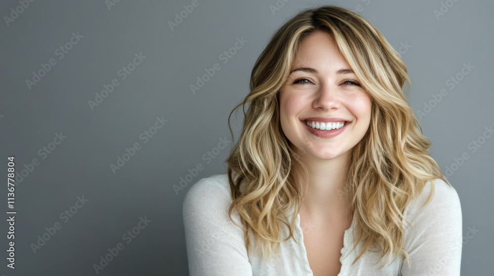 Bright smile of a woman with wavy hair against a light background capturing a moment of happiness and joy Bright smile of a woman with wavy hair against a light background capturing a moment of happiness and joy