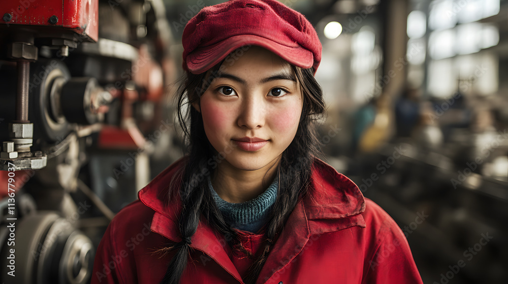 A delicate expression graces the face of a young woman in a bustling factory setting, her red jacket and cap adding a vibrant pop of color amid the industrial backdrop.
A delicate expression graces the face of a young woman in a bustling factory setting, her red jacket and cap adding a vibrant pop of color amid the industrial backdrop.