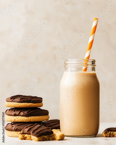 Vegan cookies styled with plantbased milk in a rustic country kitchen photo