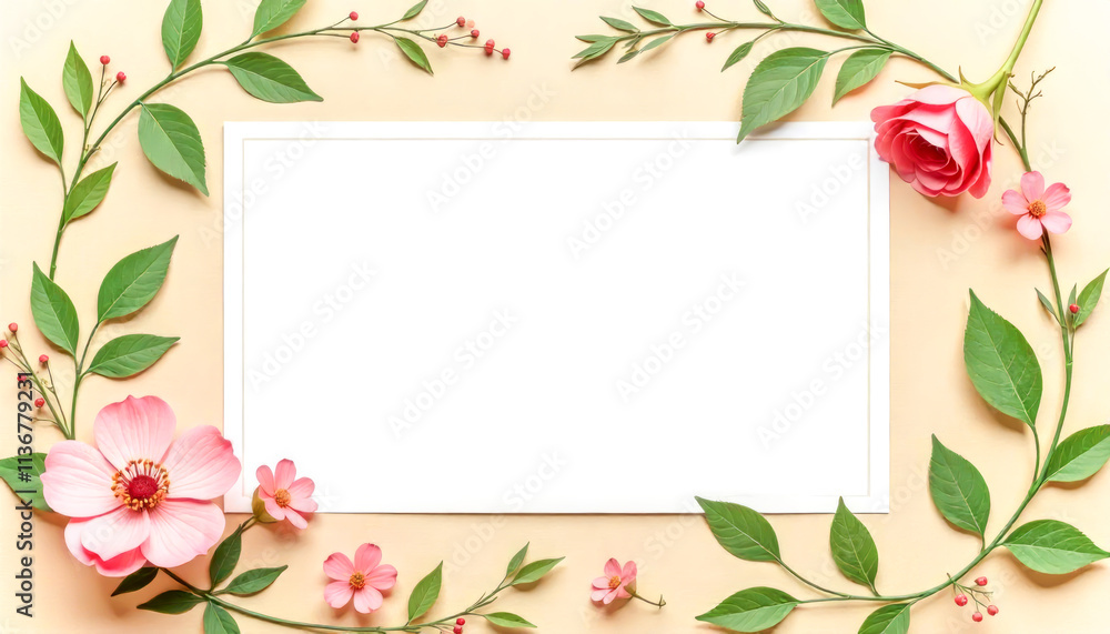 Fototapeta premium Elegant floral background with frame with pink flowers, green leaves, and white paper center on soft beige background. Perfect for invitations, greeting cards, or romantic and vintage-themed designs