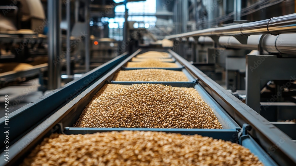 Grain Processing Facility: Conveyor Belts Transporting Wheat Grain Processing Facility: Conveyor Belts Transporting Wheat