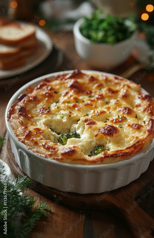 Baked broccoli with melted cheese on rustic plate Baked broccoli with melted cheese on rustic plate