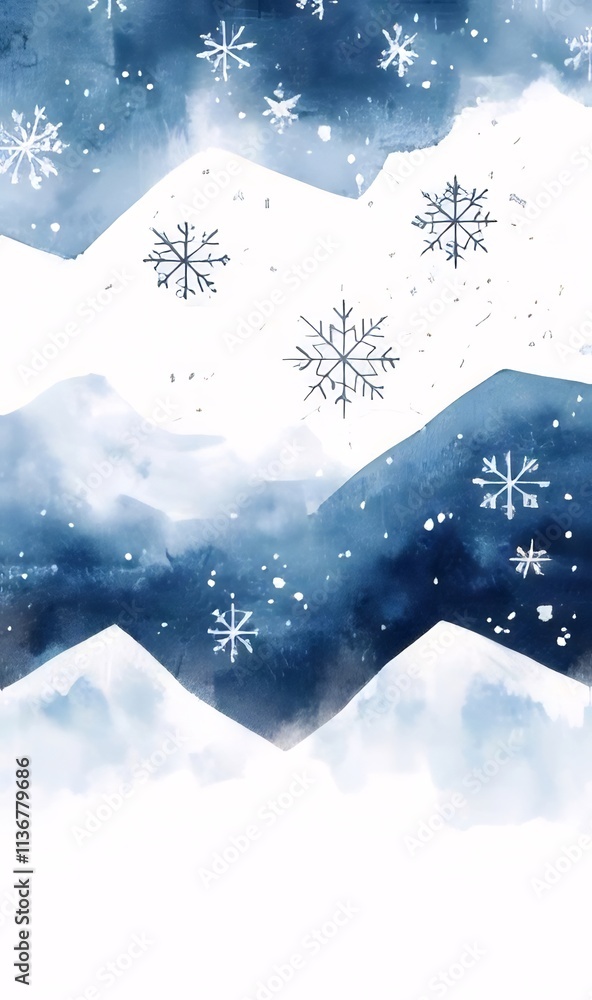 Watercolor winter landscape with snowflakes and mountains. Watercolor winter landscape with snowflakes and mountains.