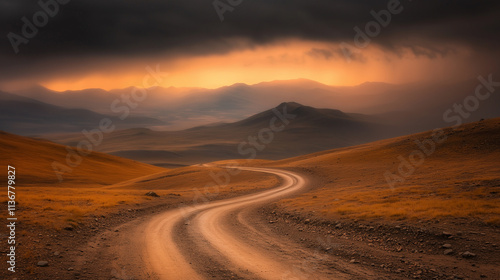 A road winds through a desert landscape with mountains in the background