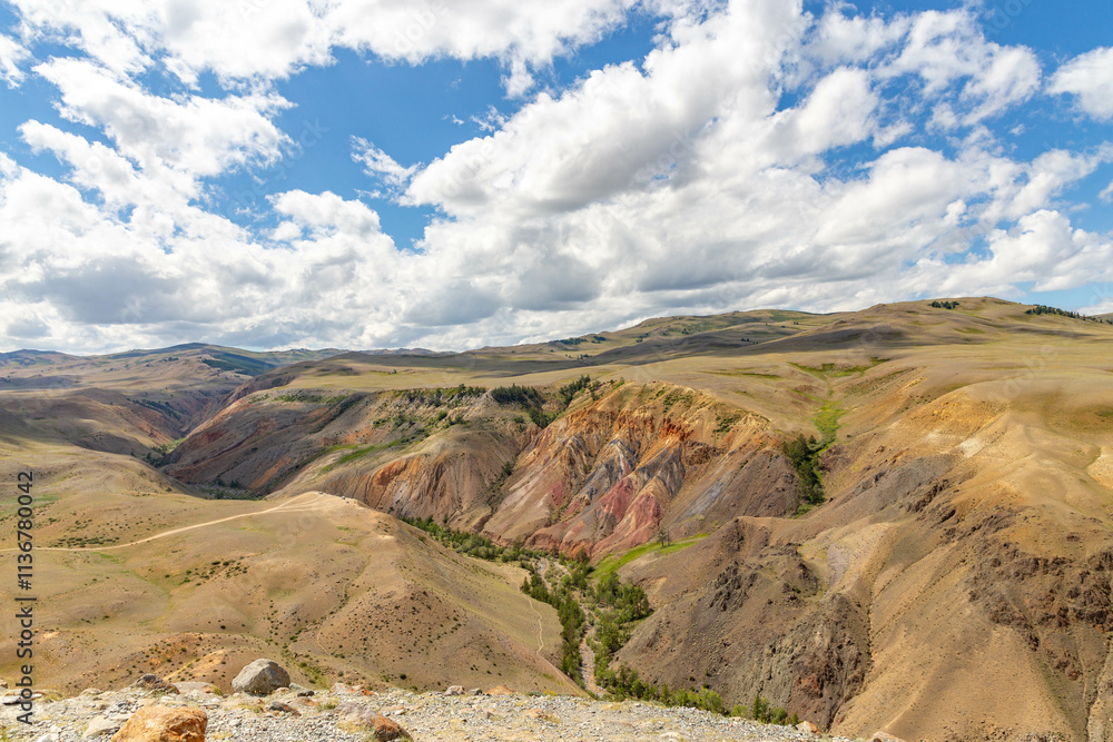 Altai Mars number two (multicolored mountains). Kyzyl Chin valley, also called as Mars valley. Chagan Uzun village, Altai republic, Russia. Altai Mars number two (multicolored mountains). Kyzyl Chin valley, also called as Mars valley. Chagan Uzun village, Altai republic, Russia.
