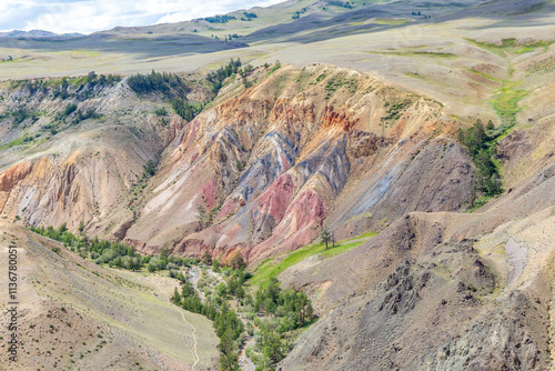 Altai Mars number two (multicolored mountains). Kyzyl Chin valley, also called as Mars valley. Chagan Uzun village, Altai republic, Russia.  photo