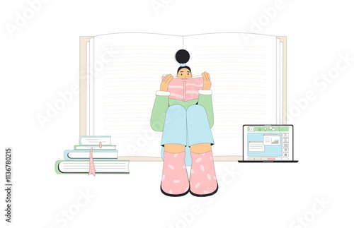 Asynchronous learning. Student sitting under a desk, reading a textbook, preparing for an exam, surrounded by a stack of books and a laptop isolated on white background. Vector illustration